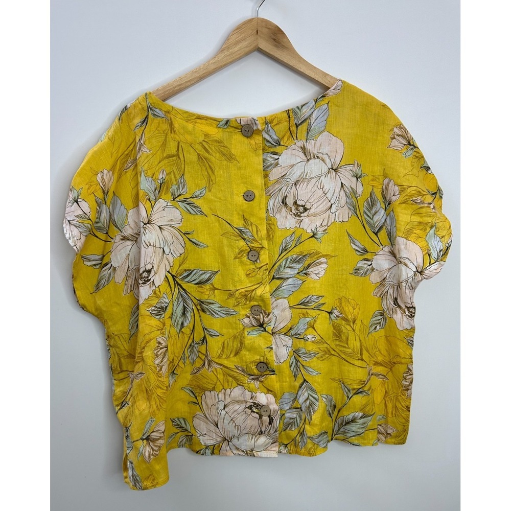 Nicole Miller 100% Linen Yellow Floral Button Back Boxy Top Large Lagonlook - Picture 9 of 12